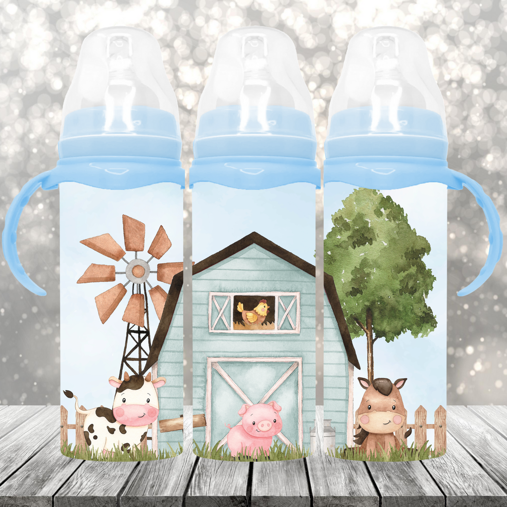 Farm Barn and Animals Blue Baby Bottle