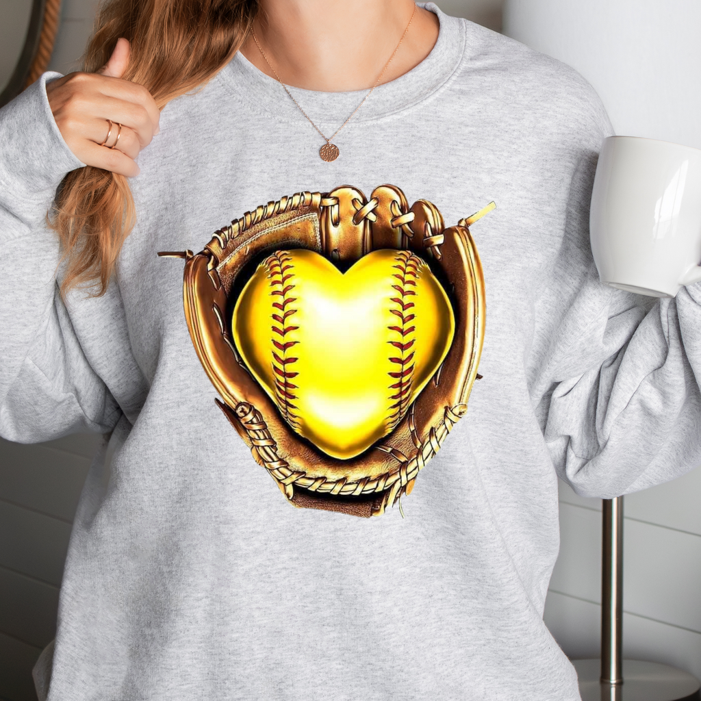 Softball Heart and Glove on Gray Sweatshirt