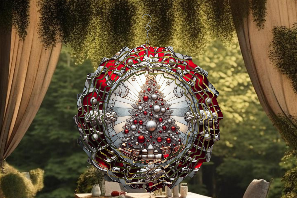 Christmas Tree With Red Train Set Under The Tree Wind Spinner