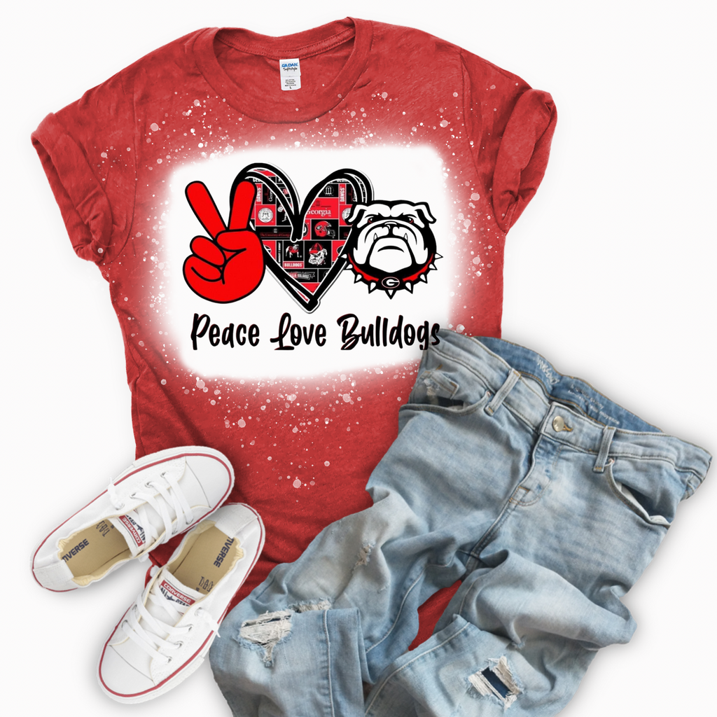 Peace Love Bulldogs Red Bleached T-Shirt