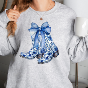 Blue Floral Boots and Blue Bow Sweatshirt