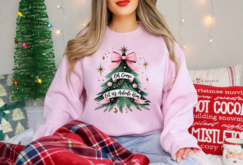 Oh Come Let Us Adore Him Christmas Tree Pink Sweatshirt