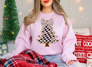 Black and White Checkered Christmas Tree Pink Sweatshirt