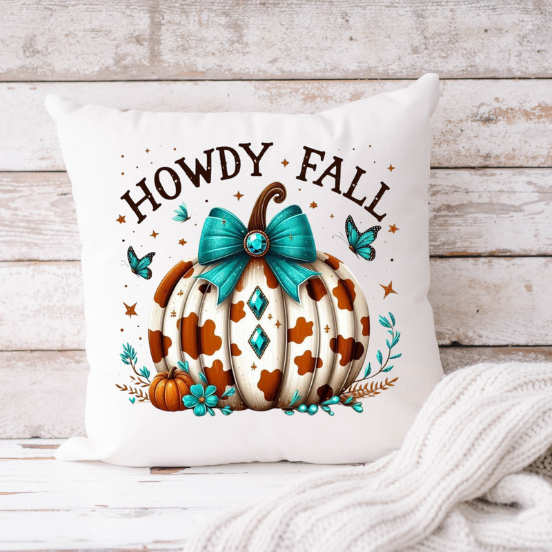 Howdy Fall Pumpkin With Turquoise Bow Pillow