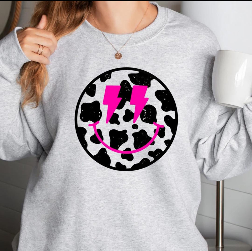 Cow Print Smiley Face with Hot Pink Eyes Sweatshirt