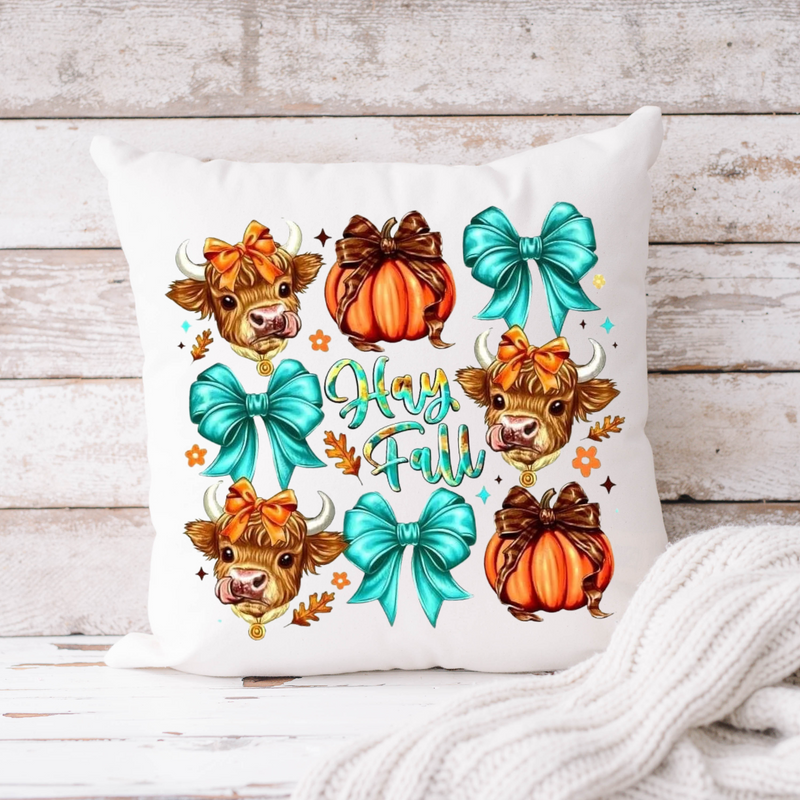 Hay Fall Turquoise and Cow Throw Pillow