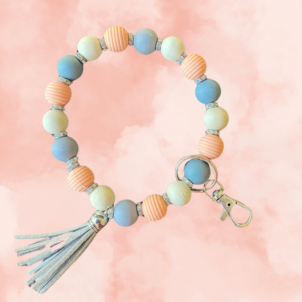 Peach, Gray, Cream, and Rhinestones Silicone Bead Keychain