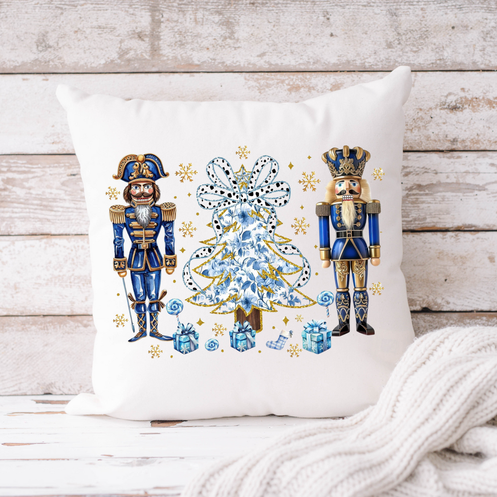 Blue Nutcrackers and Christmas Tree Throw Pillow