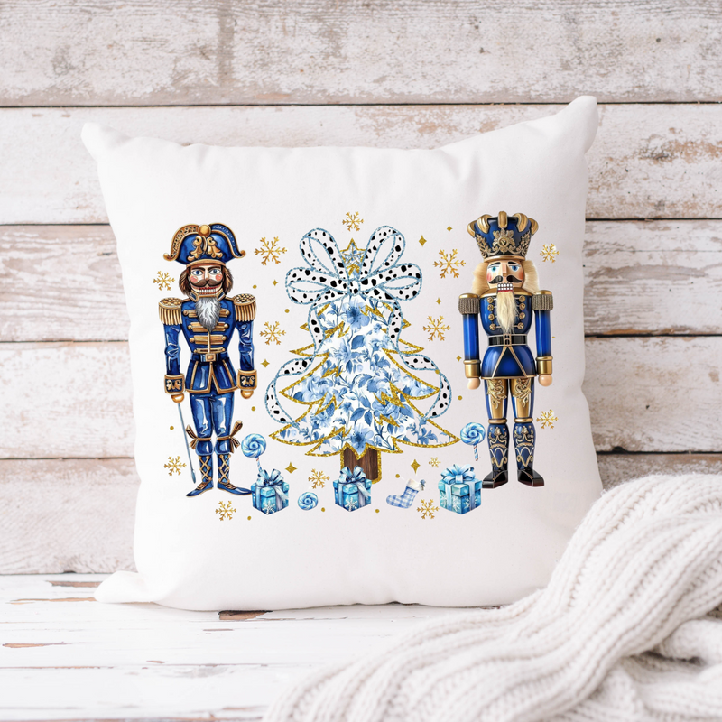 Blue Nutcrackers and Christmas Tree Throw Pillow