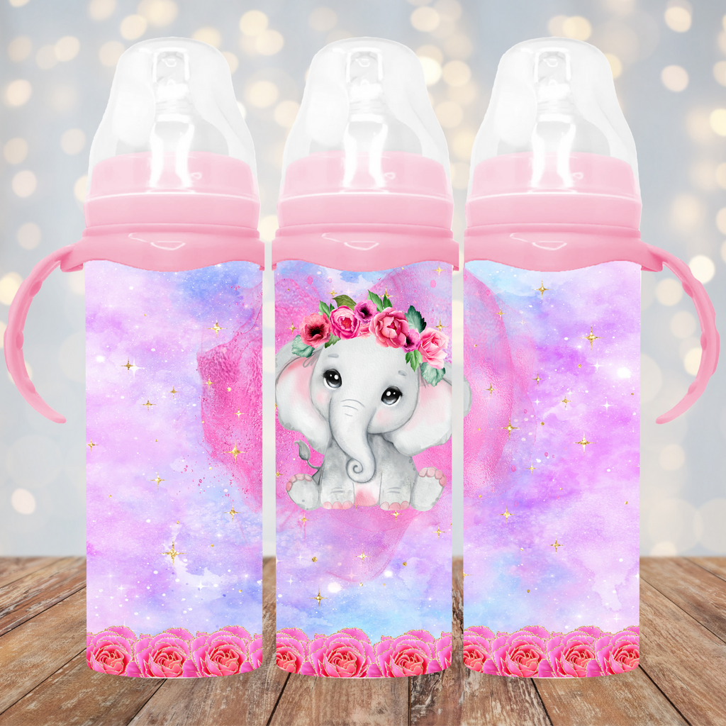 Purple Glitter Watercolor Elephant Baby Bottle