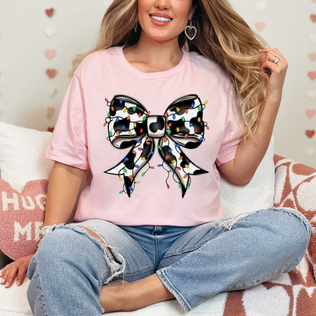 Cow Print Bow With Christmas Lights T-Shirt