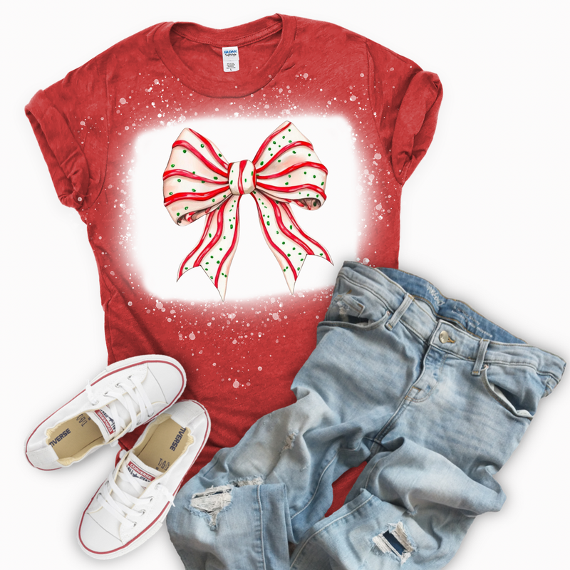 Christmas Cake Bow On Bleached Red T-Shirt