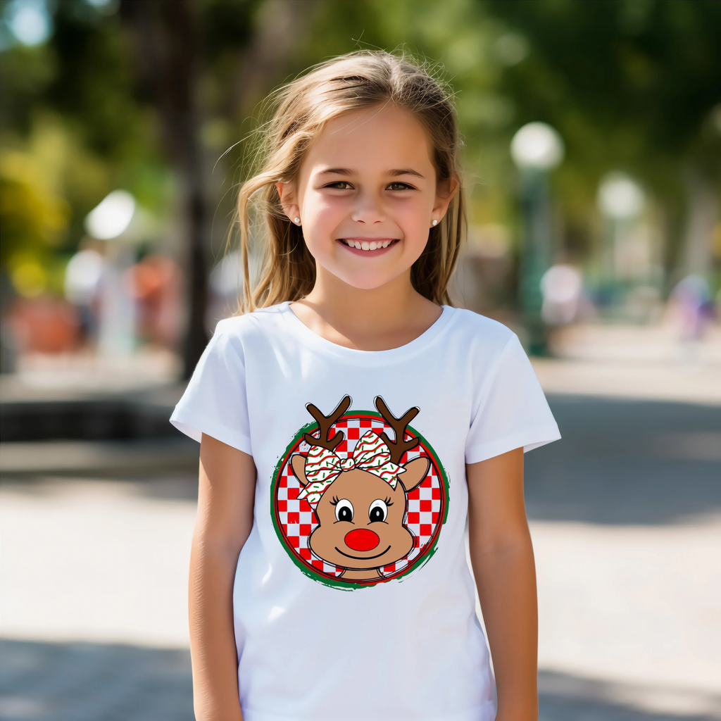 Reindeer with Checkered Background Girls T-Shirt