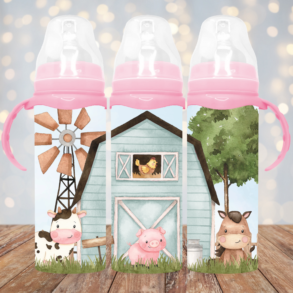 Farm Barn and Animals Pink Baby Bottle