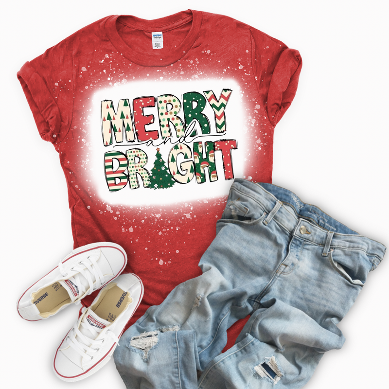 Merry & Bright Christmas Bleached Red T-Shirt