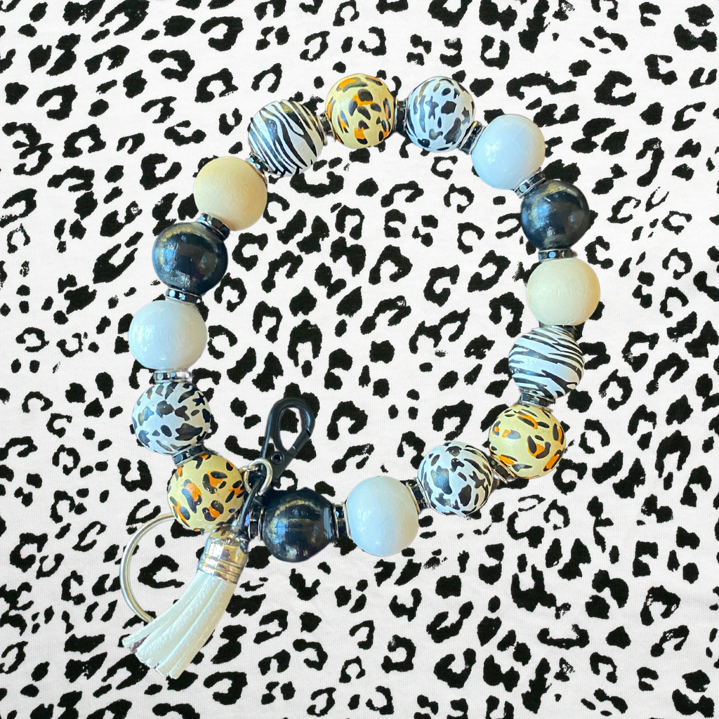 Zebra Print, White Beads, Black Wooden Beads, And Rhinestones Wooden Bead Keychain