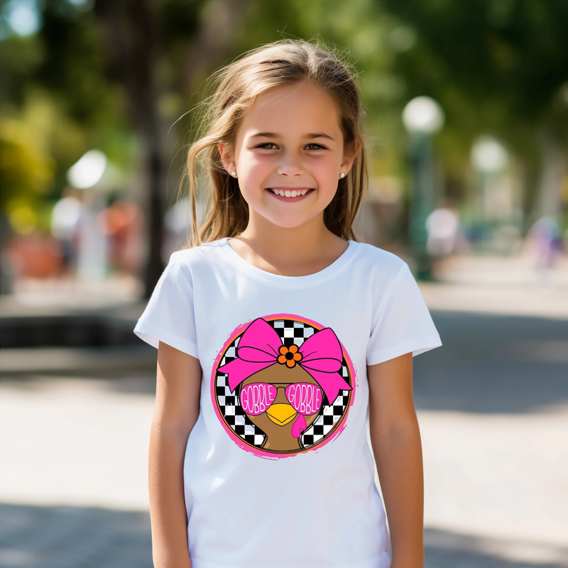 Gobble Gobble with Pink Bow Kids T-Shirt