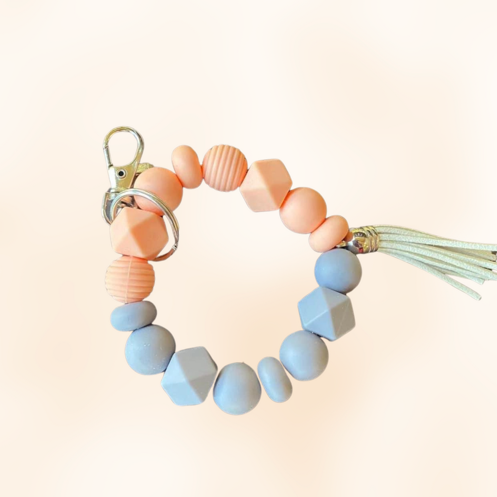 Peach and Light Gray Silicone Bead Keychain