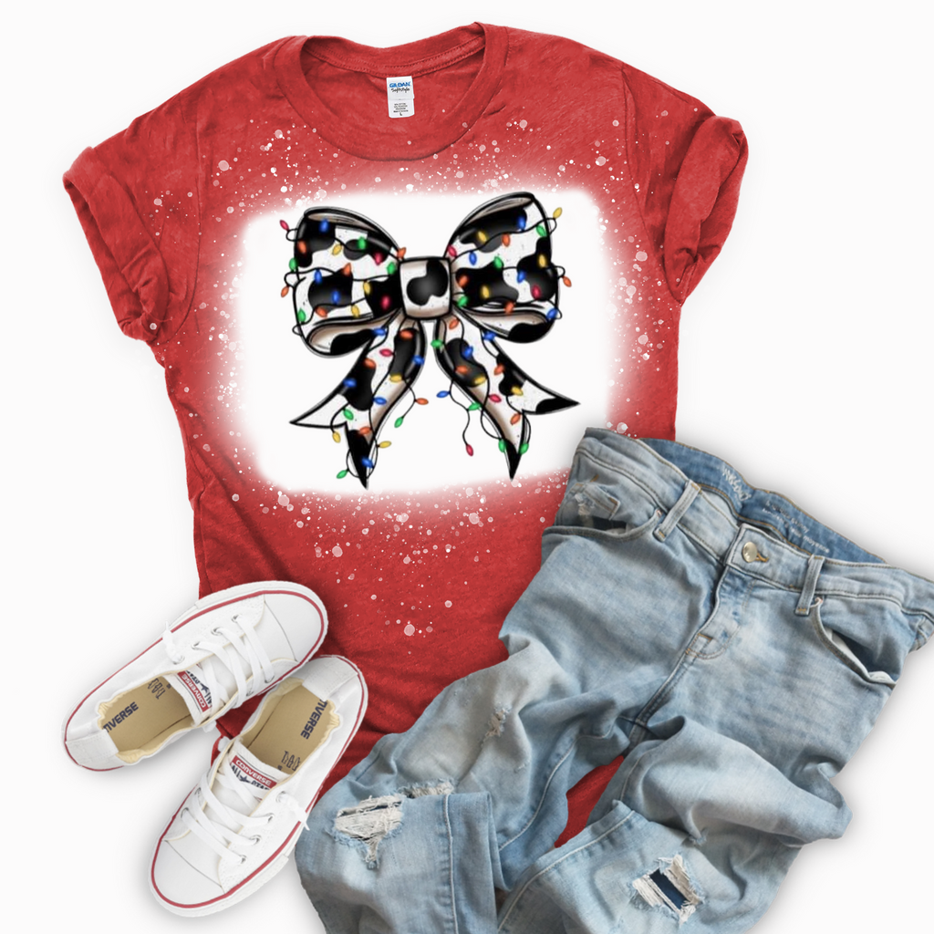 Cow Print Bow With Christmas Lights Bleached Red T-Shirt