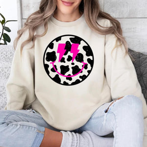 Cow Print Smiley Face with Hot Pink Eyes on Sand Sweatshirt