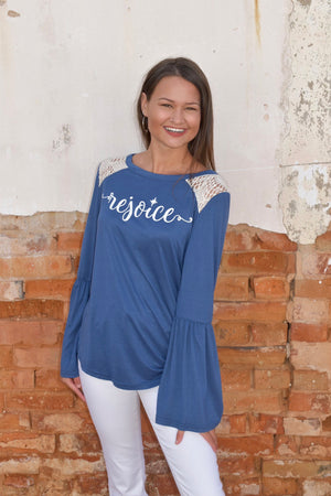 Blue bell sleeve “ Rejoice” with lace shoulders