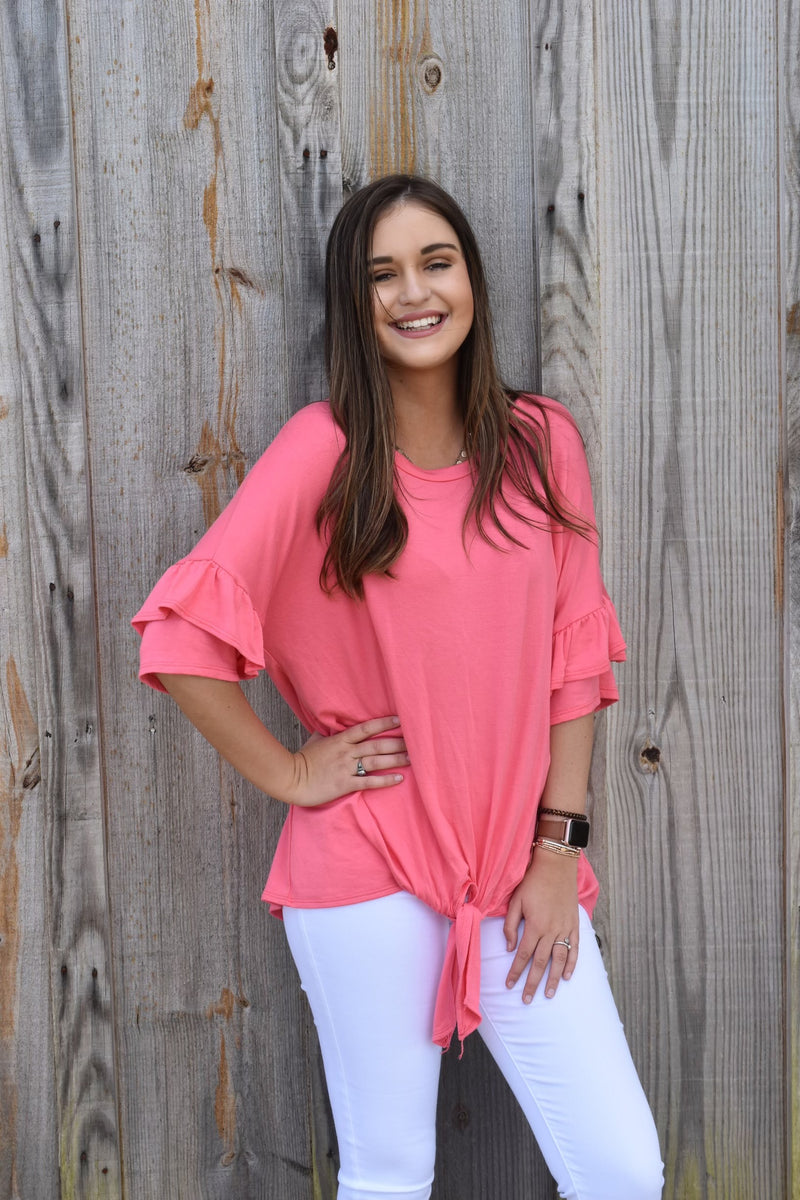 Pink Ruffle Sleeve Blouse with a Tie