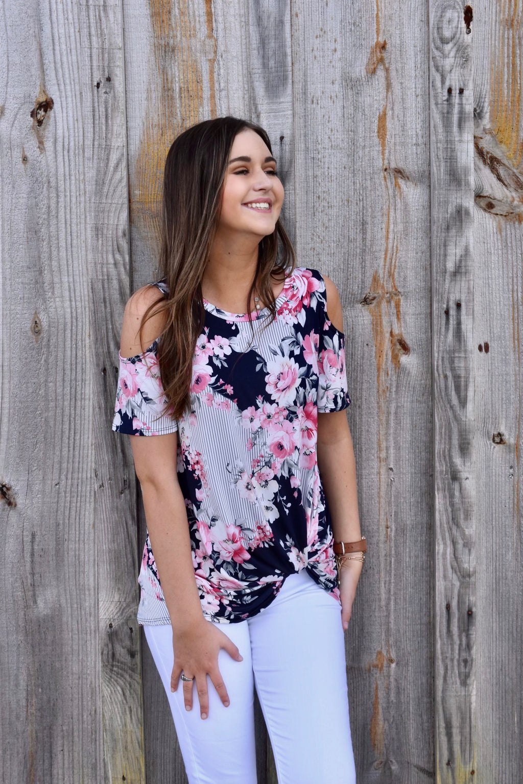 Navy Cold Shoulder Floral Striped Blouse