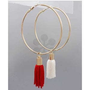 Red and White Tassel Hoop Earrings-#