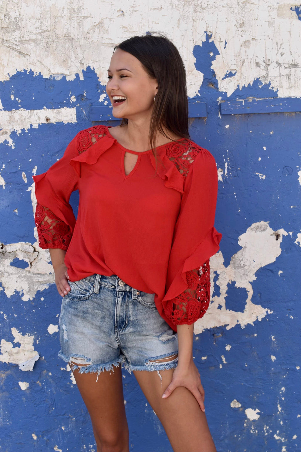 Red Blouse with Lace on the Sleeves