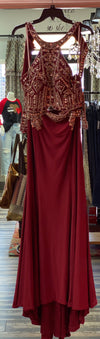 Rachel Alan burgundy gown