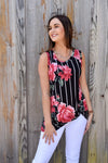 Black & White Pin Striped Blouse With Flowers