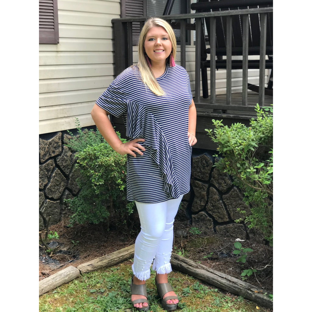 Navy Blue & White Striped Blouse