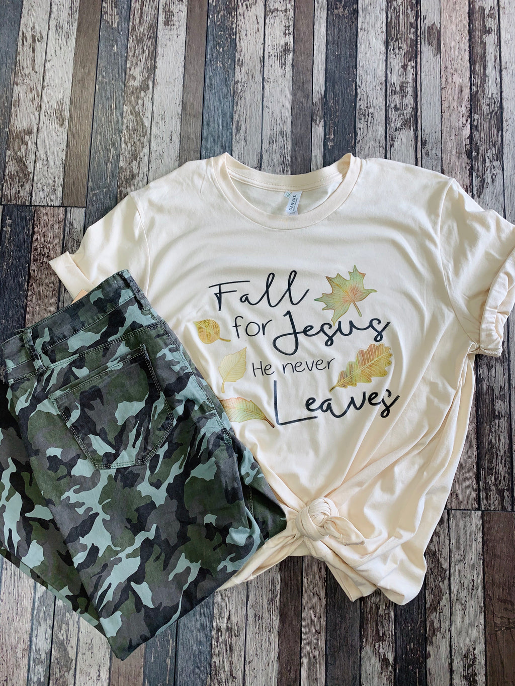 “Fall for Jesus he never leaves” tshirt