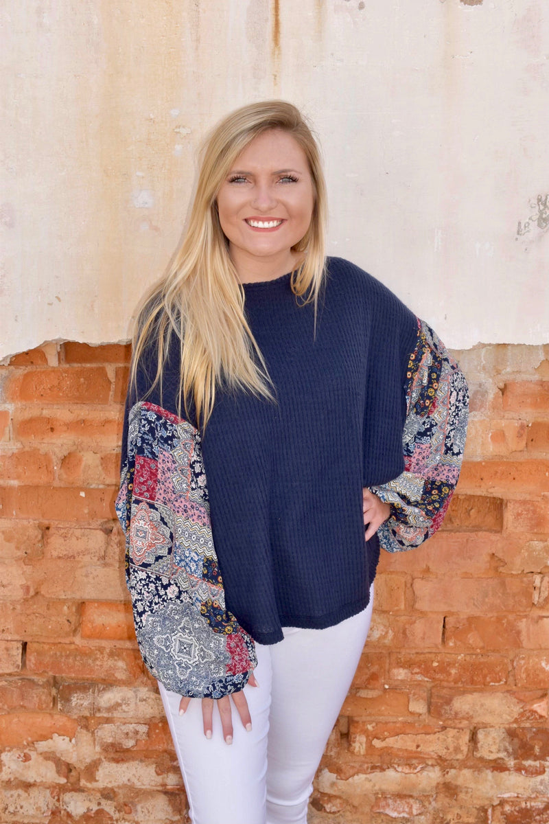 Navy Waffle Top With Multi-Color Fabric Sleeves