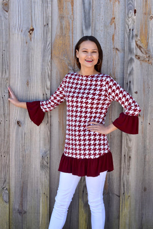 Maroon and White Houndstooth Blouse