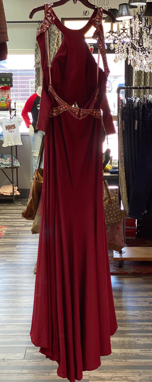Rachel Alan burgundy gown