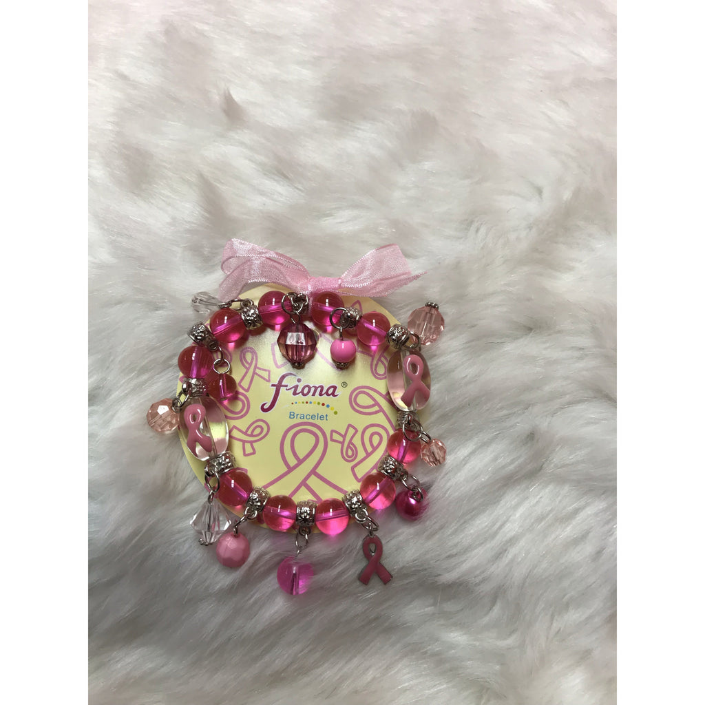 Pink Beaded Breast Cancer Bracelet With Dangling Charms